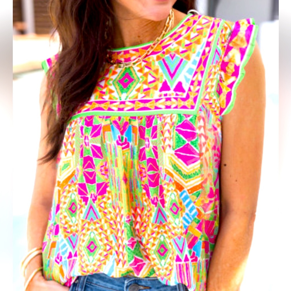 Layla Geometric Ruffled Trim Tank Top